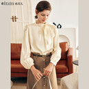 Olrain欧芮儿法式缎面蕾丝雪纺衫秋季女装宽松气质绑带衬衣 杏色 L