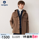 Navigare意大利小帆船纯羊毛呢大衣男秋冬季百搭保暖连帽外套休闲简约上衣 焦糖色 L 码