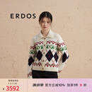 ERDOS 菱形格提花针织翻领宽松厚款圣诞保暖女开衫羊绒衫 白 165/84A/M