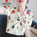 皮尔卡丹印花时尚新款洋气蝴蝶结短袖气质雪纺衫女超仙减龄精品遮肚上衣 杏色 贈险 4XL 145-155