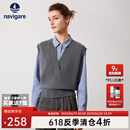 Navigare意大利小帆船V领针织马甲女秋冬内搭毛衣女休闲通勤宽松纯羊毛衫 素净灰 M