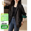 OLJ奢侈高档品牌中长款真皮皮衣女2025年春秋新款西装时尚绵羊皮外套 雅黑色 XL 建议120-130斤