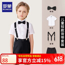 罗蒙男童礼服夏季儿童毕业演出服幼儿园背带裤花童 黑色套装 130