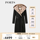 PORTS宝姿女装2024秋季新款LOGO提花连帽羊毛大衣ALT9C009UZW022 黑色印花 M