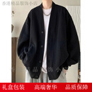 GUYN纯黑色日系慵懒风外套男高级感华夫格V领开衫卫衣春夏季宽松夹克 黑色 M