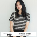 伊芙丽（eifini）【经典延续】伊芙丽通勤简约百搭肌理感条纹小香风针织短袖T恤女 黑色 M