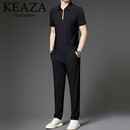 KEAZA奢侈高端品牌男装冰丝翻领短袖polo衫夏季宽松休闲长裤运动套装男 黑色 3XL 180-200斤
