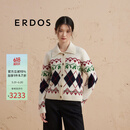 ERDOS 菱形格提花针织翻领宽松厚款圣诞保暖女开衫羊绒衫 白 160/80A/S