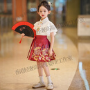 GUYN马面裙女童套装2025新款高端中式国风裙子小女孩古风春夏儿童汉服 酒红色【短袖+短裙】-送项链 110