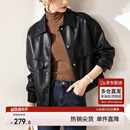 尚都比拉干练帅气经典百搭翻领口袋设计机车夹克女皮衣 黑色 M 