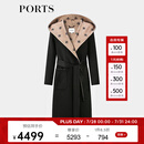 PORTS宝姿女装2024秋季新款LOGO提花连帽羊毛大衣ALT9C009UZW022 黑色印花 M