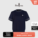 比音勒芬（Biemlfdlkk）【韩国舒弹面料】夏季女士上衣时尚个性撞色标章圆领短袖卫衣潮流 25藏青色 XL /105