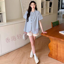 洛德顿 RUODEDUN孕妇装洋气遮孕肚新款短袖蓝色衬衫时尚洋气时髦孕妇套装女 蓝色上衣+白色托腹短裤 M