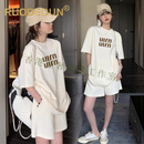 洛德顿 RUODEDUN孕妇装新款外穿薄款休闲产检两件套新款纯棉印花t恤短袖短裤 杏色套装 M