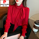 皮尔卡丹本命年红色衬衫女士春秋装2025年新款时尚洋气别致设计感长袖衬衣 红色 2XL