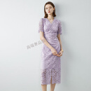 GUYN品牌蕾丝连衣裙新款女夏季优雅气质收腰显瘦短袖V领裙子 紫色 M