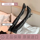 香港新款弹力瘦瘦长筒靴女真皮尖头细跟高跟过膝长靴 黑色[单里] 34