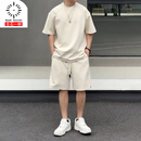 仓石一树 KAZUKI KURAISHI仓石一树美式休闲运动套装男士夏季简约宽松情侣款短袖短裤两件套 杏色 XL