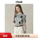 ELAND【100%棉】衣恋针织T恤女polo领贝壳扣菱格纹短袖2025夏新款 中灰色(18)M/Grey M /165