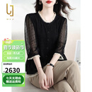 OLJ高档品牌真丝T恤女2025年夏季新款设计感气质时尚刺绣桑蚕丝上衣 黑色 M 建议110斤以内