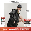 朗姿【意大利设计】冬季新款连帽撞色设计感气质皮衣外套女 黑色 XL