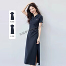 GUYN品牌高端polo领连衣裙女2025夏季新款法式气质短袖褶皱收腰中长裙 藏青长款 S