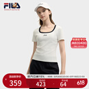 FILA 斐乐官方小狐狸女装针织短袖2025夏新款时尚休闲简约修身U领T恤 云菇白-WT L 170/88A/L