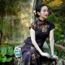 一城风絮紫瑰若旧丨原创设计丨夏季真丝手绘香云纱中式短袖盘扣全开襟旗袍 紫色真丝香云纱印花旗袍 XL