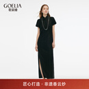 歌莉娅女装旗袍春装新品全真丝18姆米龟纹香云纱中式开衩礼服1E3R4K0TA 00B黑色 L