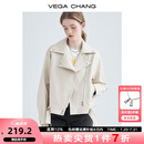 VEGA CHANG机车皮衣女2025年秋季西装领BF风帅气pu皮夹克短外套ins潮 米杏色 M