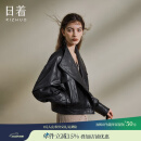 日着原创微落肩绵羊皮衣夹克2024秋新复古回潮女装宽松大翻领真皮外套 静影黑 L