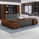 总裁办公家具经理老板办公桌椅组合简约现代轻奢大班台板桌椅 胡桃木色 3.0米老板桌+老板椅+3.2米书柜