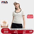 FILA 斐乐官方小狐狸女装针织短袖2025夏新款时尚休闲简约修身U领T恤 云菇白-WT L 170/88A/L