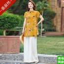 GUYN轻奢桑蚕丝妈妈新中式夏装真丝短袖套装中老年夏季新款两件套 橘黄色 XL 90-105斤