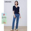 ERDOS 春夏波浪边设计V领半袖女桑蚕丝抽条针织衫 午夜蓝 L 165/88A
