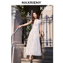 MAXRIENY【方媛同款】蓝星花连衣裙优雅小飞袖百褶气质收腰长裙夏 米白 M