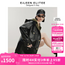 朗姿【意大利设计】冬季新款连帽撞色设计感气质皮衣外套女 黑色 XL