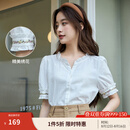 茵曼（INMAN）田园木耳边短袖衬衫女2025夏季文艺绣花时尚纯棉舒适衬衣 霜白色 M