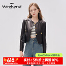 卓雅周末（JORYA weekend）2023秋季新款酷飒双口袋圆领金属排扣皮衣短外套EJWDCM1 黑色 S
