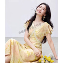 GUYN品牌高端V领蕾丝拼接连衣裙女2025夏季新款优雅气质收腰碎花裙 粉色花 S