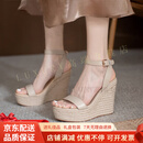 GUYNVD凉鞋女12cm草编厚底坡跟凉鞋夏季2025新款防水台一字带婚鞋高跟 杏色(12CM跟高) 34