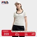 FILA 斐乐官方小狐狸女装针织短袖2025夏新款时尚休闲简约修身U领T恤 云菇白-WT M 165/84A/M