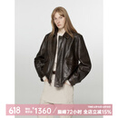 付智恩南城旧巷 复古绵羊皮飞行员皮夹克真皮皮衣外套女2024春秋 深巧棕 M