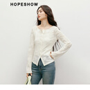 红袖甜美气质蕾丝衬衫春秋季新款女装绣花木耳边长袖圆领高级显瘦上衣 米白004 M