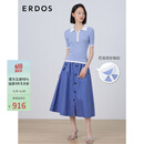 ERDOS 春夏桑蚕丝巴洛克珍珠扣小翻领抽条Polo领短袖女多巴胺针织衫 天青色 L 165/88A