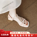 KLWP绝美日常百搭不累脚时尚凉鞋女外穿2025夏季夏天配裙子珍珠中跟鞋 米白色 34