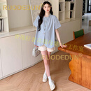 洛德顿 RUODEDUN孕妇装洋气遮孕肚新款短袖蓝色衬衫时尚洋气时髦孕妇套装女 蓝色上衣+白色托腹短裤 M