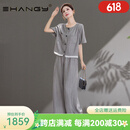 Ehangy轻奢品牌2025年夏季新款套装女减龄休闲大方得体阔腿裤两件套 云灰色 两件套 S
