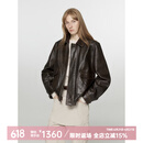 付智恩南城旧巷 复古绵羊皮飞行员皮夹克真皮皮衣外套女2024春秋 深巧棕 M