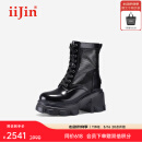 艾今（IIJIN）2025春夏新款10cm厚底内增高超轻真皮网纱拼接马丁靴女744NTC 黑色 34